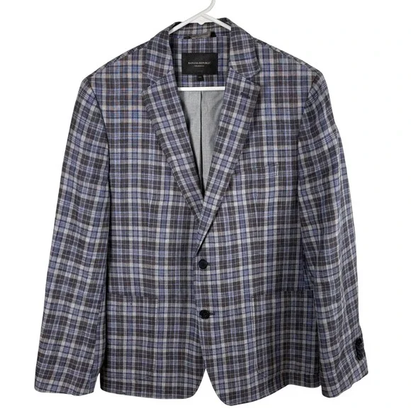 Banana Republic Linen Blazer 42S Blue Gray Brown Plaid Tailored Fit Sport Coat