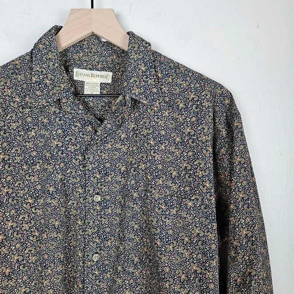Vintage 80s Banana‎ Republic Paisley Button Down Men's M Navy Long Sleeve Shirt