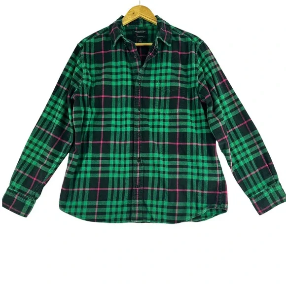 Banana Republic Mens Organic Cotton Green Black Buffalo Plaid Flannel Shirt Sz L