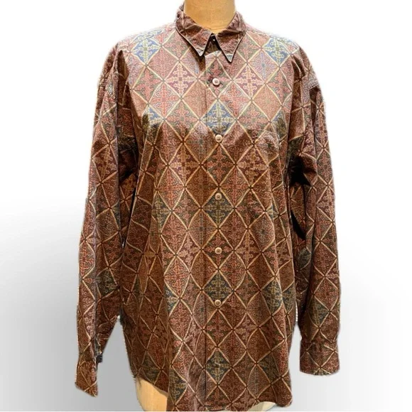 VINTAGE 80s Banana Republic Safari 100% cotton button down‎ shirt argyle diamond