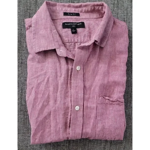 Banana Republic Men's Red Short Sleeve Linen Slim Fit Button Up Shirt Size Large