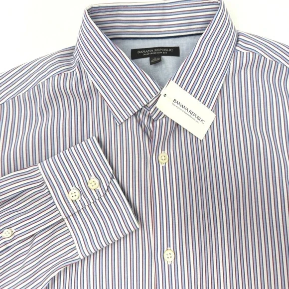 Banana Republic Mens Large Slim Fit Striped Dress Shirt Red Blue White NEW