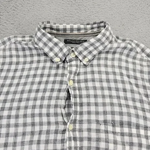 Banana‎ Republic Shirt Mens XL Gray Linen Camden Fit Gingham Long Sleeve