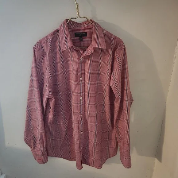 Banana Republic Mens Non Iron Classic Fit Shirt Red Glen Plaid Cotton Large‎ L