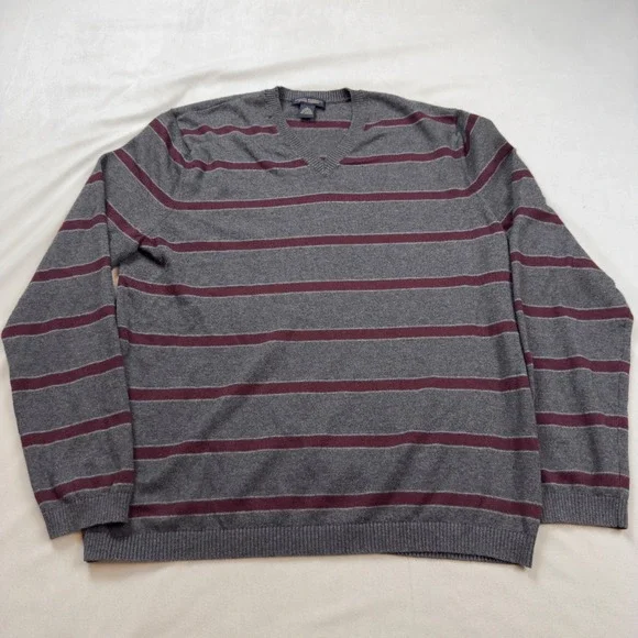 Banana Republic Mens L Cotton Cashmere V-Neck Striped‎ Sweater Grey Burgundy