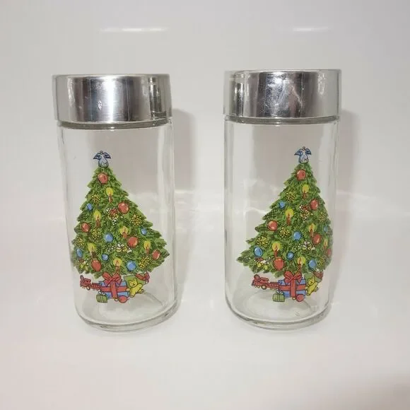 Vintage Salt and Pepper Shakers Holiday Clear Glass with Christmas Tree