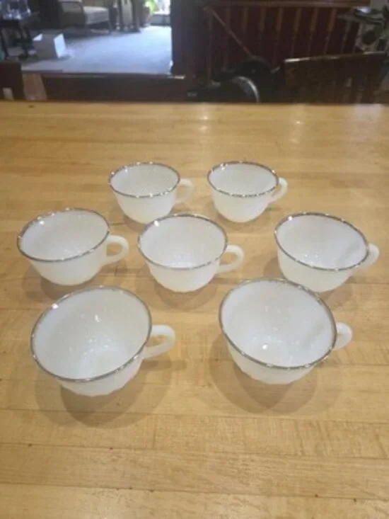 Vintage Fire King White Swirl Gold Rim Milk Glass Teacups Set of 7