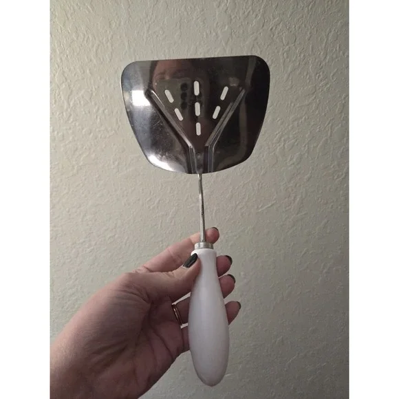 Vintage Foley‎ Slotted Spatula , Flipper, Or Turner With White Handle