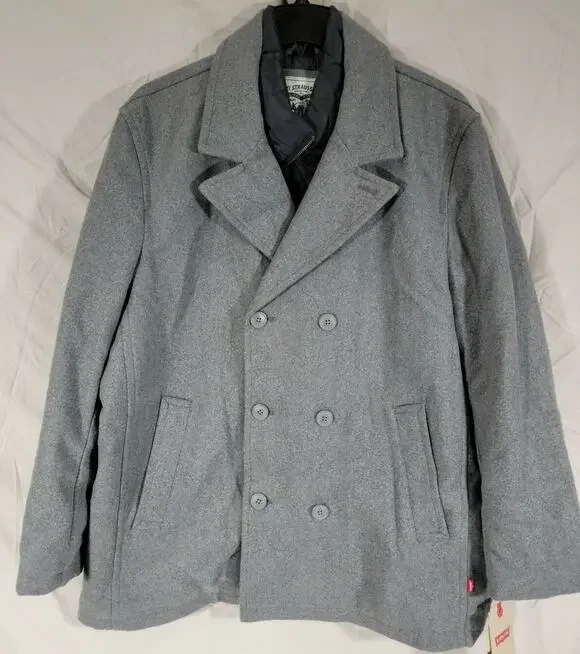 Levi's Peacoat Jacket Men's Small Wool-Blend with Puffer Bib Light Gray LM0JP370