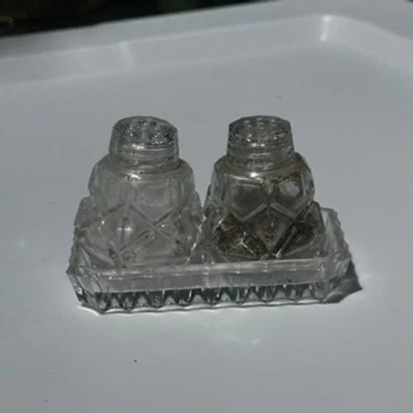 Vintage Clear Pressed Glass Salt and Pepper Shakers with Matching Tray 3 Piece