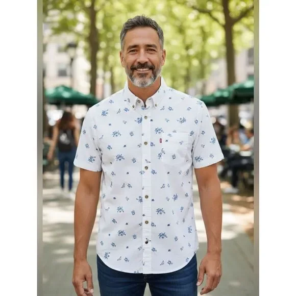 Levi's White Blue Tropical Floral Print Short Sleeves Button Down Shirt  XL