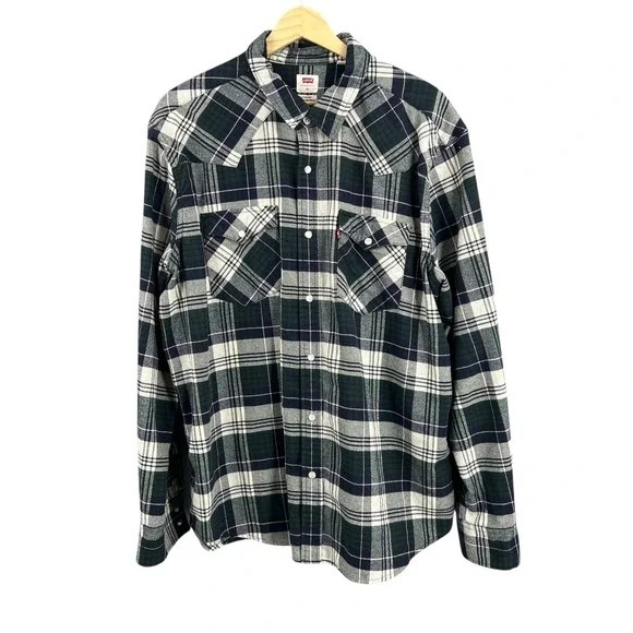 Levi's Plaid Flannel Snap‎ Shirt Blue Green White Men's XL Long Sleeve Western