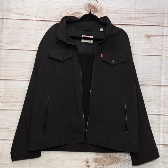 Levis Mens Black Softshell Trucker Jacket Full Zip Stand Collar Size XL EG