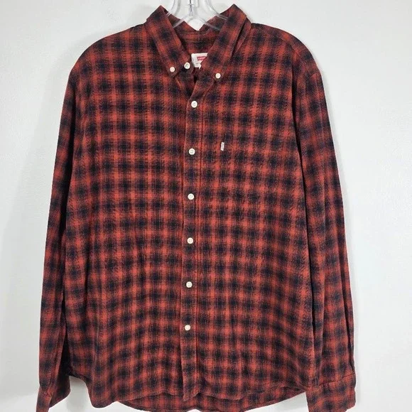 Levi's Button Down Shirt Mens XL Red‎ Black Plaid LS Flannel Cotton Casual