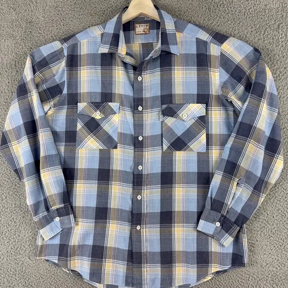 VTG Levis Shirt Mens Large Blue Yellow Plaid Button Up Long Sleeve Western Korea