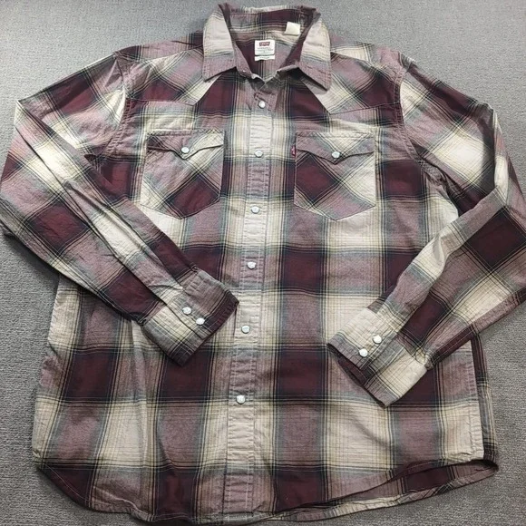 Levi's Plaid Shirt Mens L Check Button‎ Up Snap Button Red Tab Western Ranch