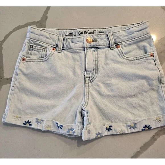 ​Cat & Jack L 10/12 Denim Shorts Girls Light Wash Embroidered Daisy Flower