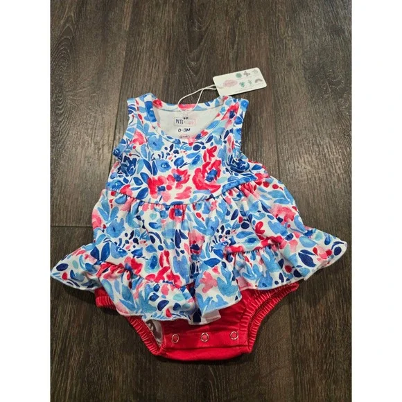 Pete + Lucy Baby Girls Floral Ruffle Romper Dress P+Lush Red Blue 0-3M NWT