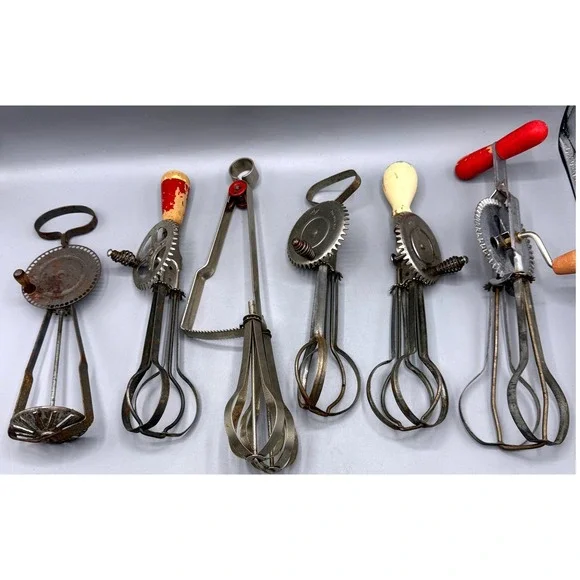 Vintage Hand Crank Egg Beater Lot 6pc Taplin High Speed Rustic Kitchen Decor