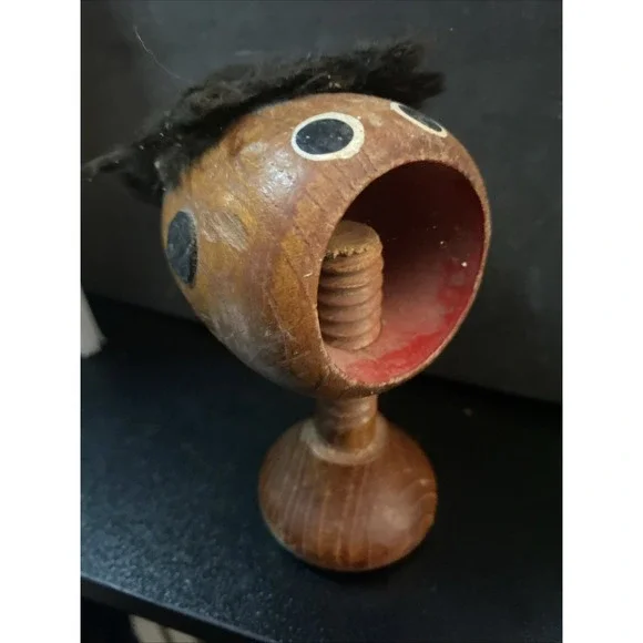 Vintage Mid Century Modern Wood Screw Nutcracker w Funny Face Hair Danish G3