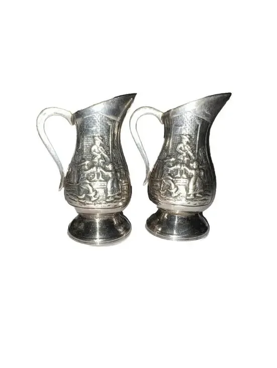 Salt Pepper Shakers Fiddle Dance Drinking Motif on Pitcher Silverplate  VINTAGE