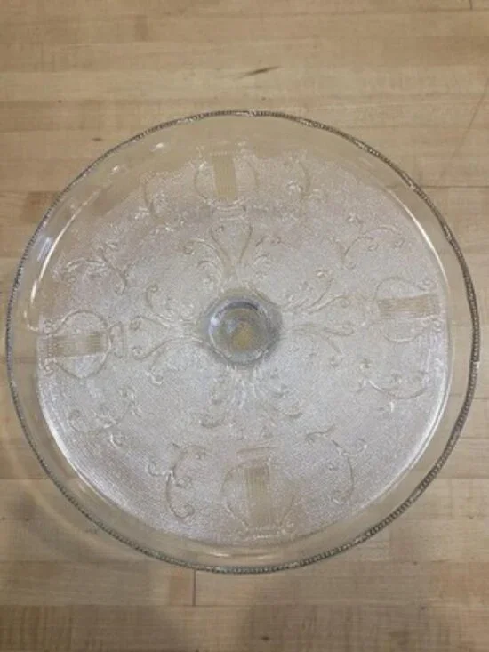 Vintage Jeannette Glass Harp Lyre Pedestal Cake Stand Gold Trim 10 Inch 1950s