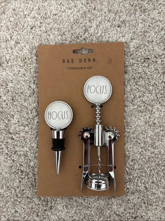 Rae Dunn White & Silver 'Hocus' 'Pocus' Corkscrew and Wine Stopper Set