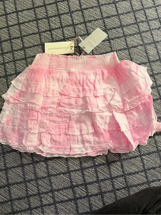 LoveShackFancy Pink Tiered Ruffle Mini Skirt