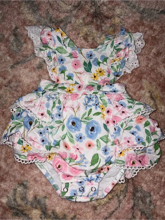 Floral Lace-Trim Baby Romper in White with Pastel Blooms