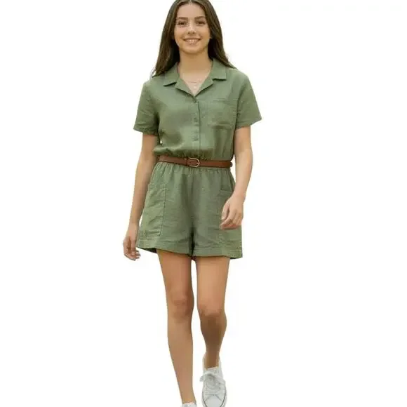 Vanilla Star Snap Front Cap Sleeve Collared Girls Romper, Size M, NWT