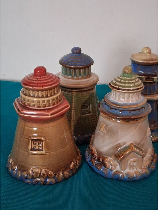 Set of 4 Ceramic garden ridge Lighthouse  Decorative Coastal Home Accents
