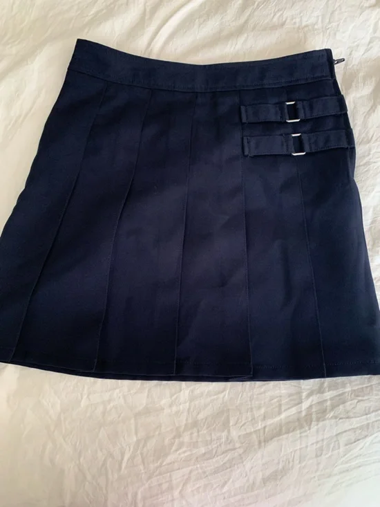 Navy Pleated Mini Skirt with Side Buckle Detail