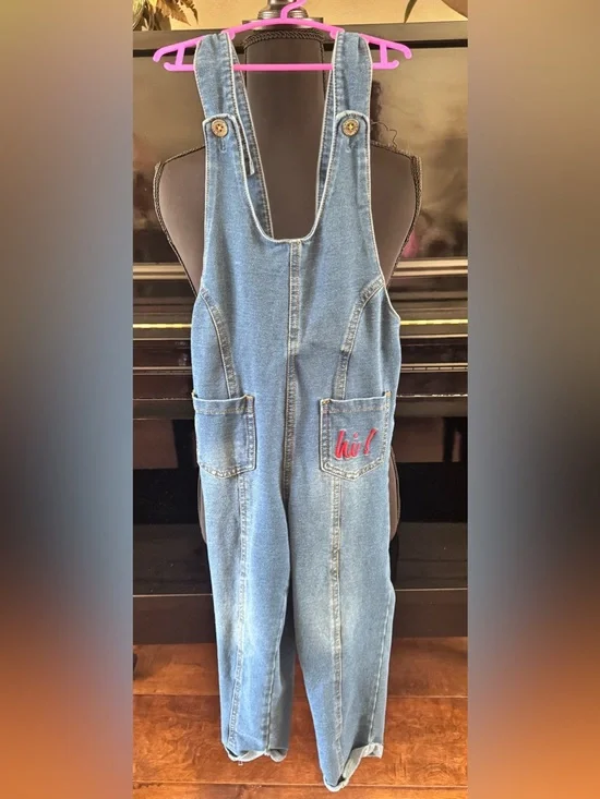 Kids Casual Denim Overalls with Embroidered 'hi!' Pocket