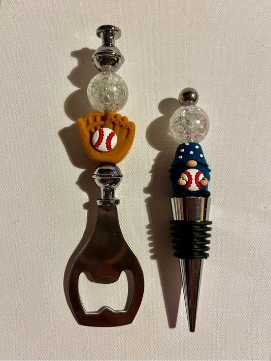 Baseball Themed Bottle Opener and Wine Stopper Set w/Iridescent Crackle Bead