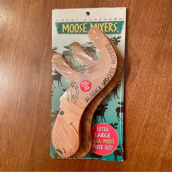 Great Northern Products Wooden Moose Mixers NWT Toss Salad Pasta Laser Engraved