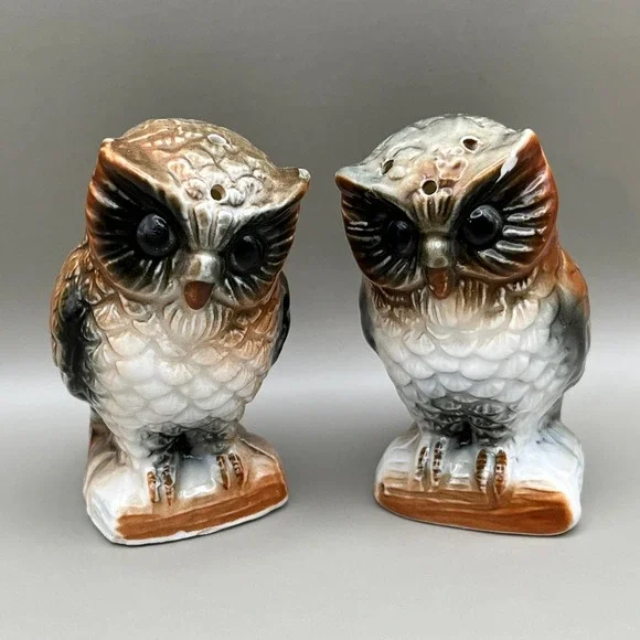 Salt Pepper Shakers Vintage Owl Bone China 3