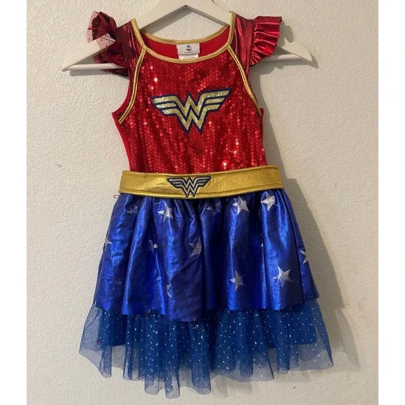 Wonder Woman Costume Dress Girls Sequin Red Blue Gold Star Superhero‎