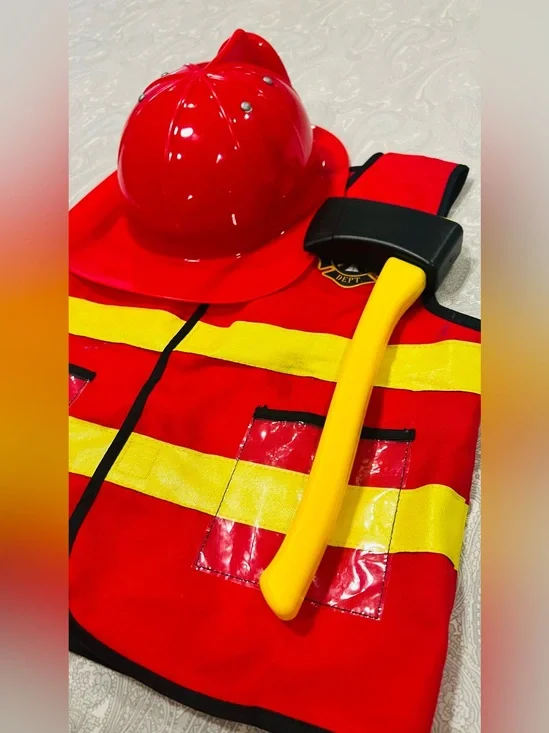 Children's Red Firefighter Vest & Helmet Set with Yellow Ax