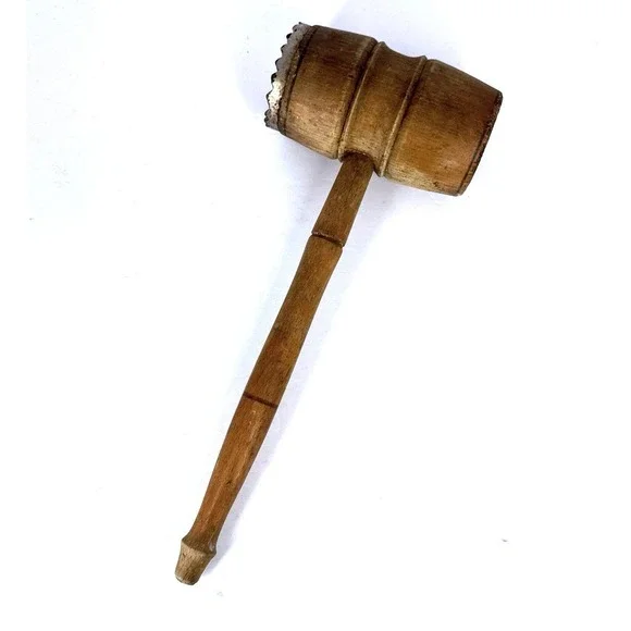 Vintage‎ Wood Meat Tenderizer Mallet Hammer Metal Textured Face READ
