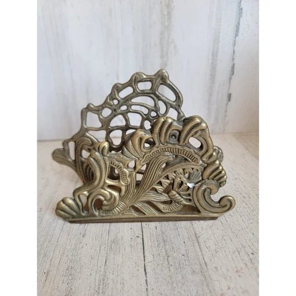 Vintage ornate napkin brass Unique letter holder metal home decor flower