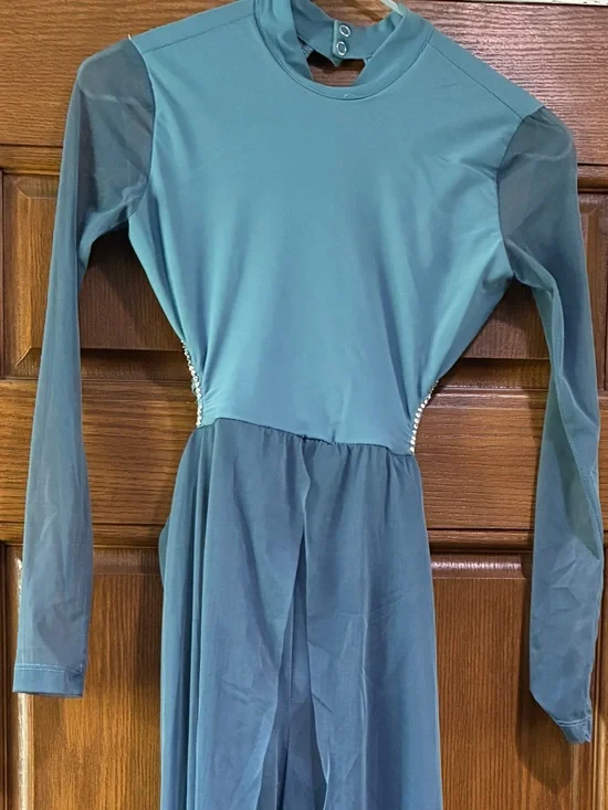 Kids Dance Costume Long Sleeve Teal Dress with Mesh Sleeves - custom rhinestones