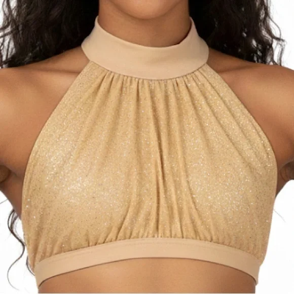 Body Wrappers 12-14 Nude gold Shimmer Halter Crop Top Dancewear Jazz Tap Lyrical