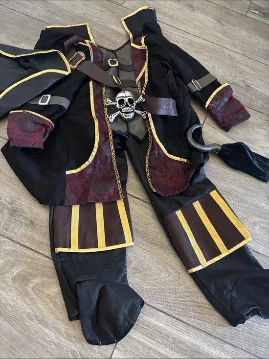 Kids Black & Burgundy Pirate Costume with Gold Trim- SIZE 5/6