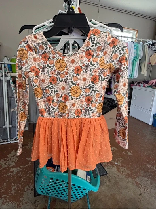 Kids Floral Orange Dance Costume Leotard with Skirt