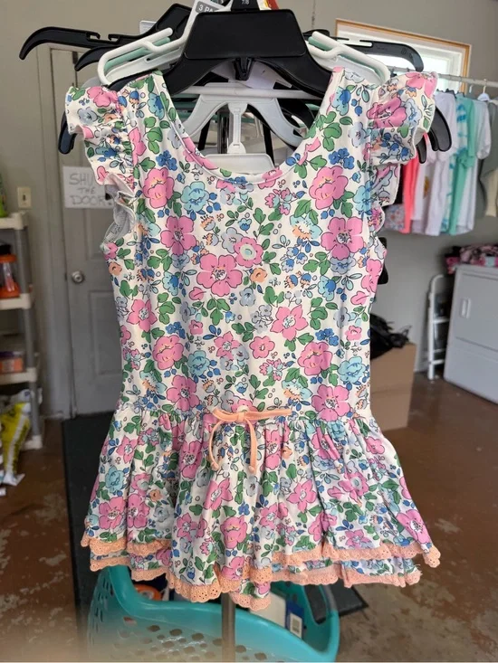Girls Floral Dance Dress in White with Pink & Blue Flowers by