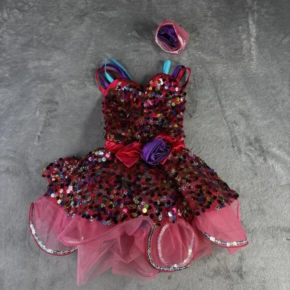 Weissman Dance Costume Girls XS Pink Sequin Tutu Dress Rainbow Straps Headpiece‎