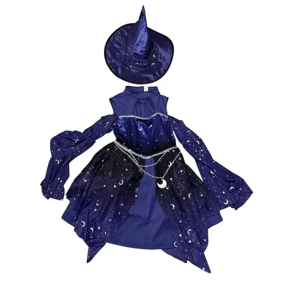 Kids Girls Star Moon Witch Dress Costume‎ with Hat Sparkle Starry Night