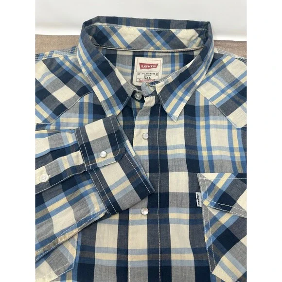 Levi's Men's 2XL Pearl Snap Button Long‎ Sleeve Blue Plaid Western Shirt