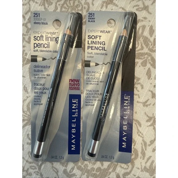 2 MAYBELLINE Soft Lining Pencil EYELINERS ~ EBONY BLACK #251 ~ NEW & SEALED