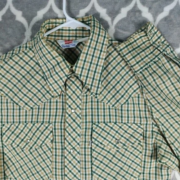 VTG LEvis Panatela Western Shirt Men M Green Brown Big E Snap UP Dagger Collar